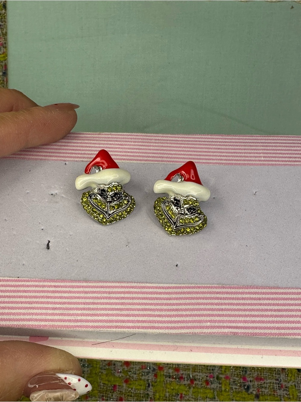 AA great green monster earrings crystal  red and white Santa hat.
